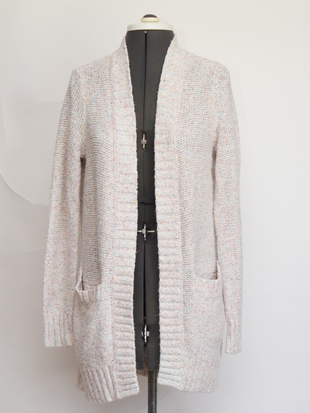 Hollister Confetti Rainbow Knit Cardigan Sweater Cream Long Open Front Pockets S